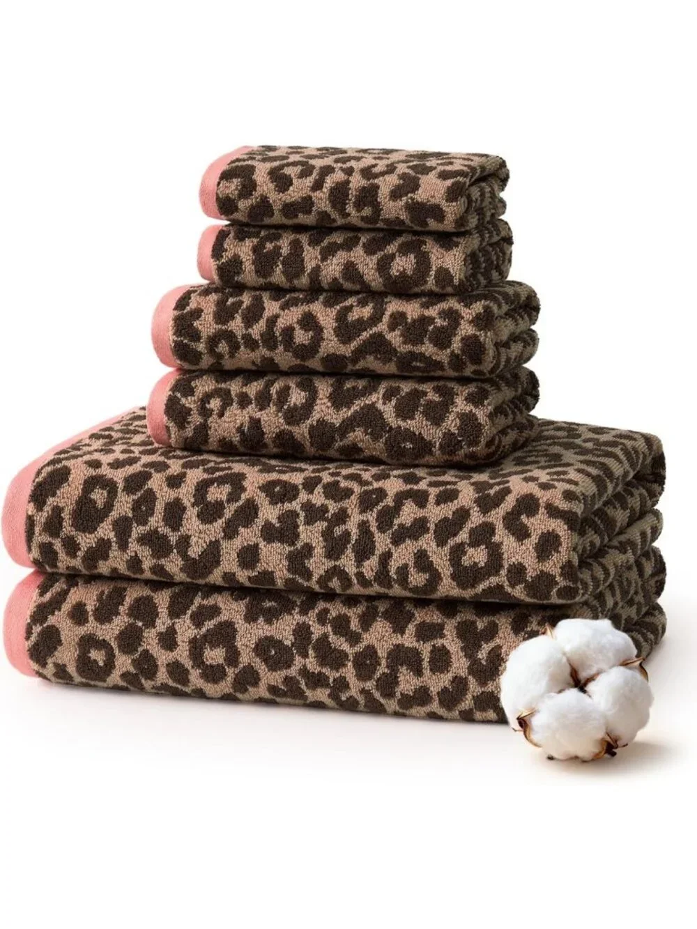 Leopard Print Towel Set of 6 - 100% Cotton, Quick Dry & Absorbent Bath Towels